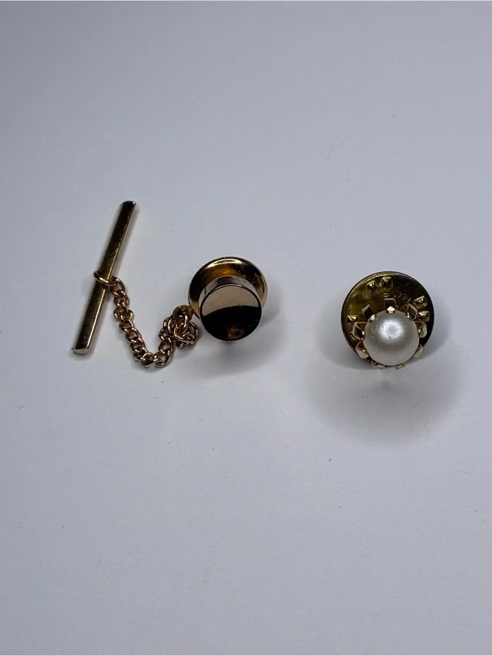 Vintage Gold Toned Round Chain Tie Tack And Gold Colored Pearl Tie Tack Bundle